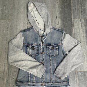 So Nikki Hooded Denim Jacket Gray Hoodie Sleeves Size Junior L/Women's XS/S